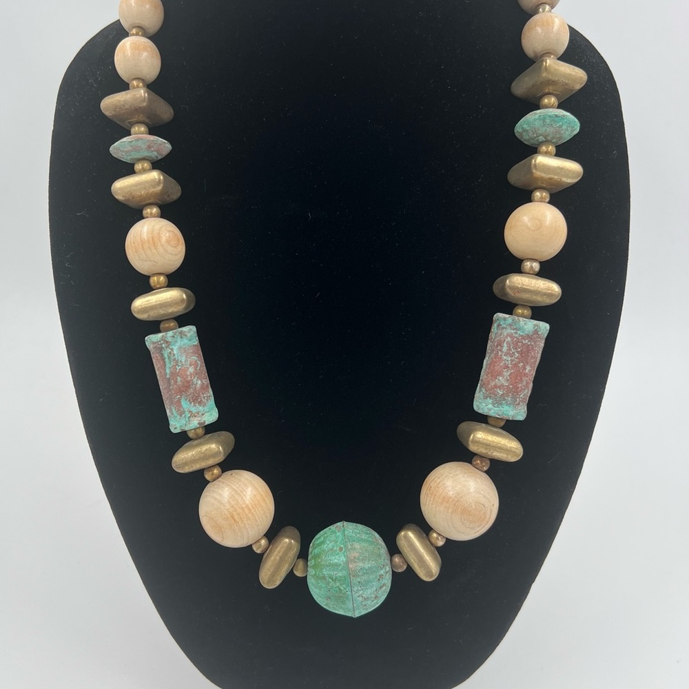 Vintage Boho Wood & Metal Turquoise Bead Statement Necklace 26.5”